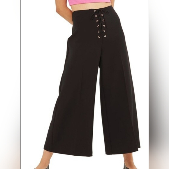 Topshop Lace Up Grommet Wide Leg Cropped Pants Gauchos Trousers - Picture 2 of 6